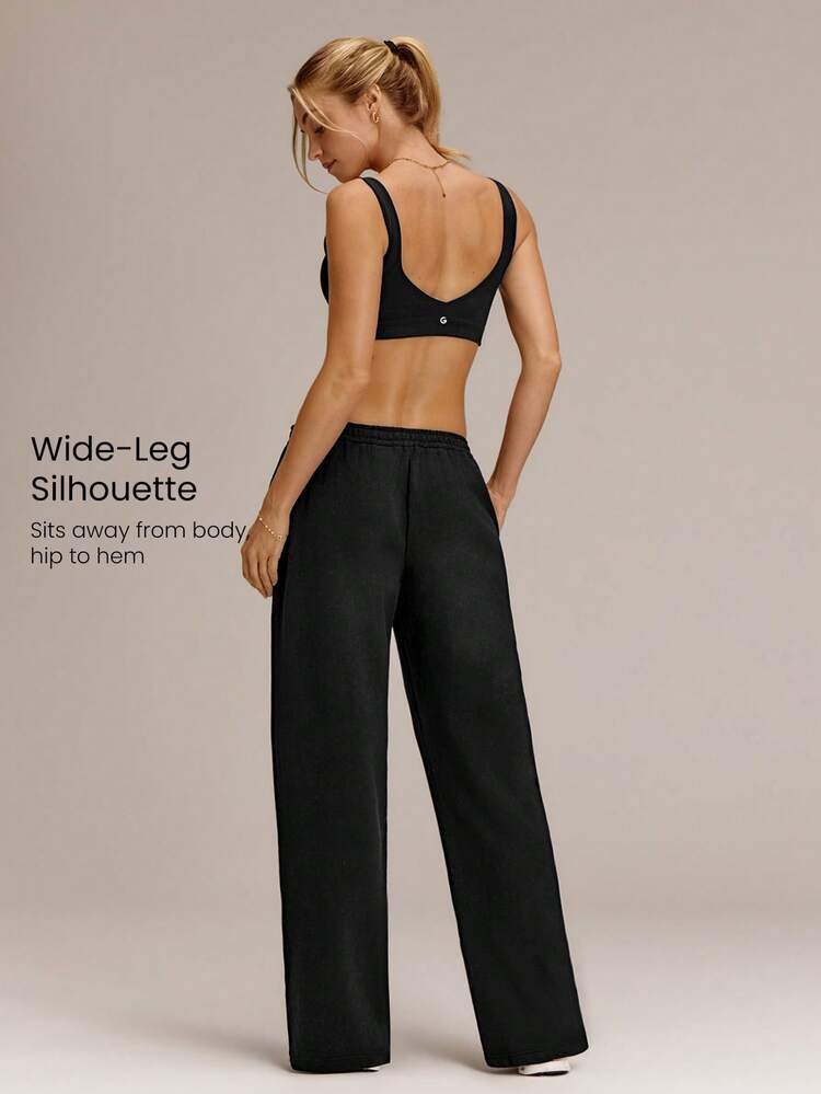 Everyday Terry Two-Way Wear Adjustable Drawstring Waist Leg Cord Wide Leg Jogger Sweatpants With Side Pockets Daily Casual Wear  Spring Summer