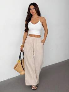 SHEIN PETITE 杏色與黑色多色女款兩件套西裝，100%純棉，休閒舒適百搭，適合度假，適合嬌小女性 - 彩色 - 查看 8
