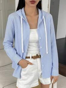 DAZY 女款休閒通勤條紋長袖連帽襯衫 夏季 - 藍白色 - 查看 3