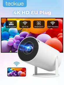 Teckwe Projector With WiFi And Wireless 5.4, Mini Projector, 4K 1080P Support Portable Wireless Movie Projectors 270° Rotatable Screen Auto Keystone, Suitable For Room Camping-EU Plug - View 1