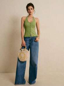 Poéselle Women's Solid Color Single-Breasted Casual Halter Neck Top - Green - View 6