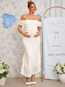 Loomaby Maternity Off-Shoulder Pleated Jacquard Elegant Dress,Gender Reveal Dress,Maternity Dress,Baby Shower Dress - Apricot - View 12