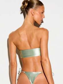 KIZN Metallic Bandeau Bikini Set With Jewel Embellishment, Strapless Top And Side-Tie String Bottom, Summer Beach - Green - View 3