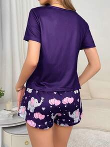 SHEIN Cute Elephant Heart 2 Pieces Women's Pajama Set - Multicolor - View 2