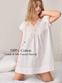 Ocili White Cotton Embroidered Hollow Floral Lace Trim Comfortable Casual Dress For Women - White - View 2