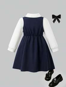 Back To School Season Girls' British Academy Style 2-Piece Dress Set, 4-7 Years Old Children's School Uniform, Peter Pan Collar Long Sleeve Shirt Paired With Elegant Bow Decor, Double-Breasted V-Neck Vest Dress Set, Girls' Spring/Summer Light Formal Piano Performance Outfit, Campus Choir Uniform, Stylish Everyday Princess Dress - Royal Blue - View 2