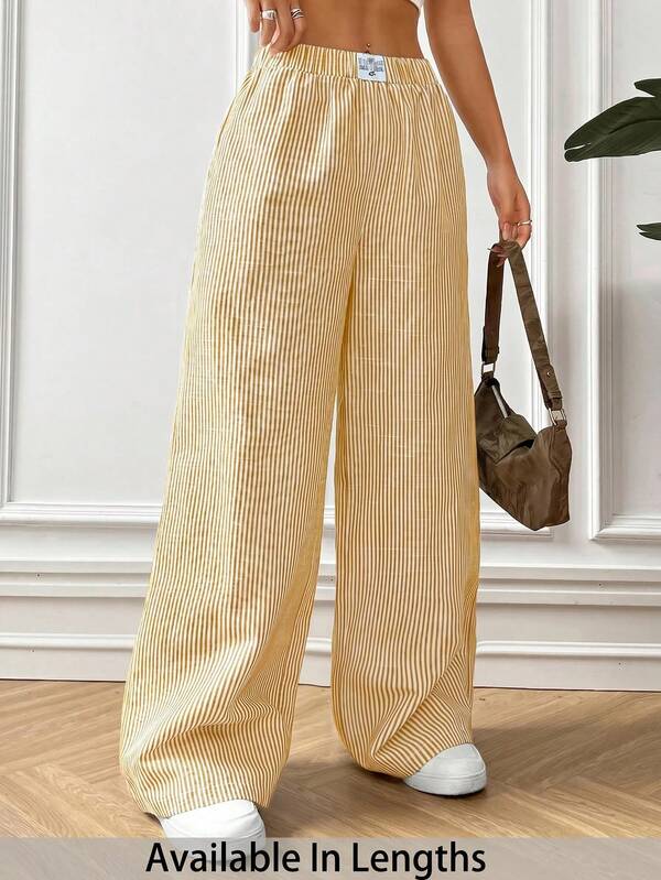 SHEIN PETITE CURVE Pantalones largos casuales holgados de cintura elástica a rayas para mujer de talla grande