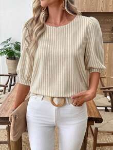 EMERY ROSE Women's Casual Commute Apricot Faux Texture Striped Print Lantern Sleeve Blouse Suitable For Spring And Summer - Multicolor - View 7