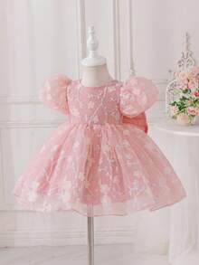 SHEIN Glamorique Kids 女嬰生日派對、婚禮節日舞會禮服裙，後背大蝴蝶結，薄紗3D花朵公主裙，中東、歐美風格，四季皆宜 - 藕粉色 - 查看 5