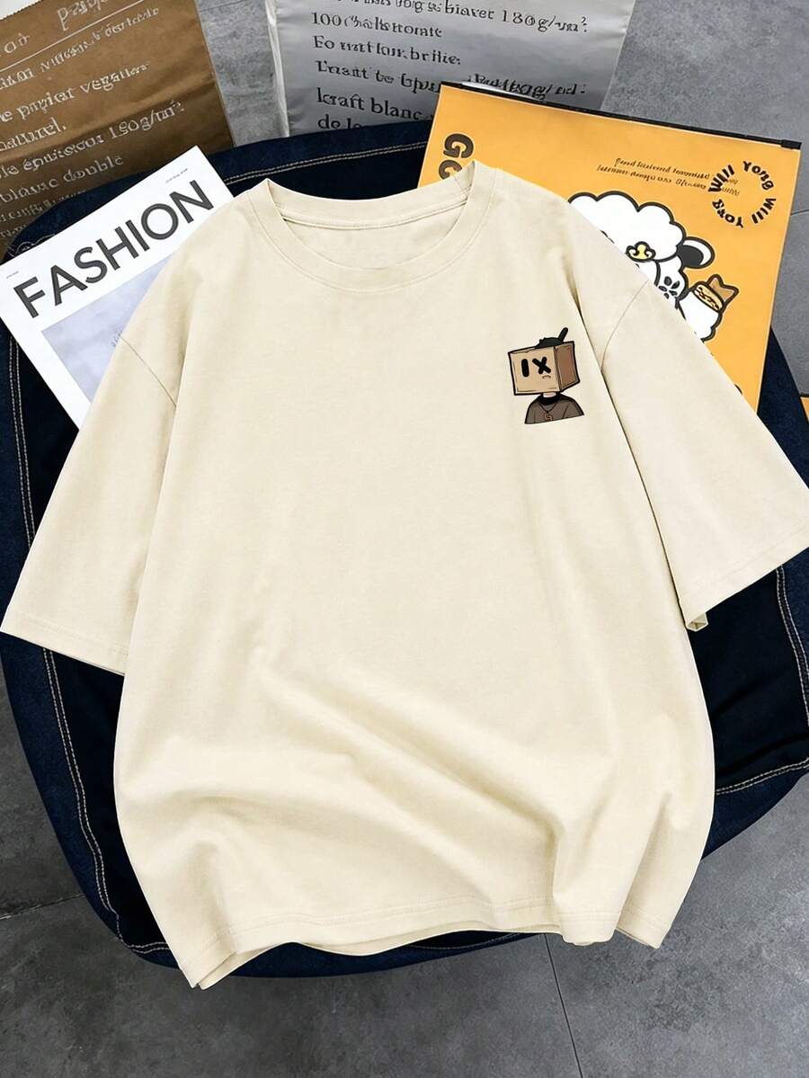 Manfinity Hypemode Kaos Pria, Khaki/Aprikot, Gambar Kepala Kotak Kertas, Grafis Sederhana dan Menarik, Pakaian Sehari-hari, Gaya Kasual yang Menyenangkan, Musim Panas. 1 buah - Khaki - View 1