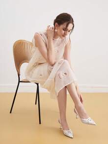 Eladyva Women's High Heel Pumps, White Bridal Shoes With Delicate Floral Decor, Pointed Toe Kitten Heel Slip-On Sandals - Beige - View 3