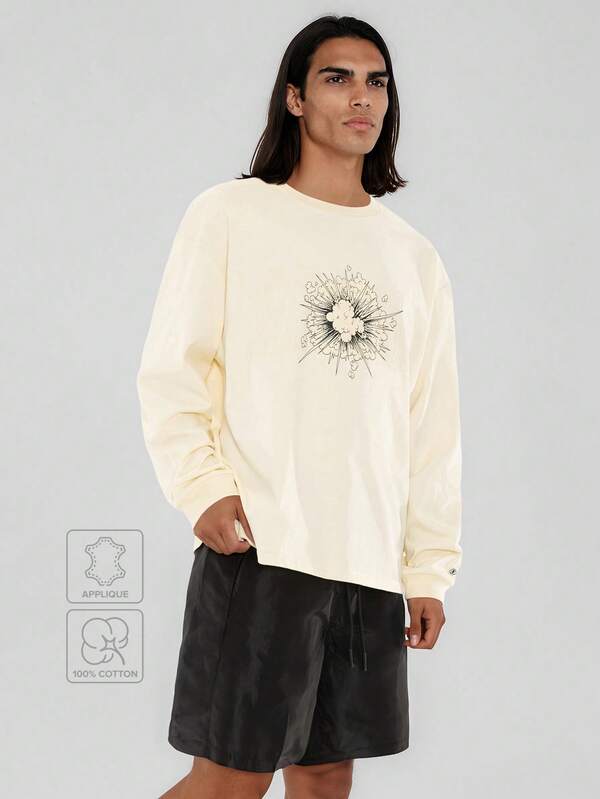 FORM&CHAOS Camiseta de manga larga con estampado de corte holgado para hombre, verano