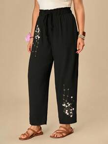 Travachic Plus Size Women's Floral Print Pleated Casual Traditional Boho Versatile Daily Travel Bussines Vacation Long Pants Black And White Autumn Fall - Black - View 7