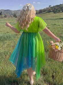 Lyrianda Plus Size Spring/Summer Punk Colorful Gradient Short Sleeve Asymmetrical Hem Dress - Multicolor - View 2