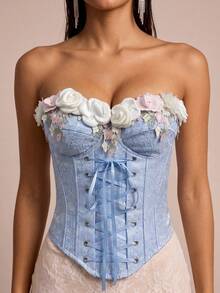 Glamine Charm Women's 3D Flower Decor Lace-Up Design Bandeau Top - Blue - View 6