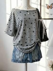 Lalippa Women's Casual Striped & Star Print T-Shirt, Summer - Black - View 3