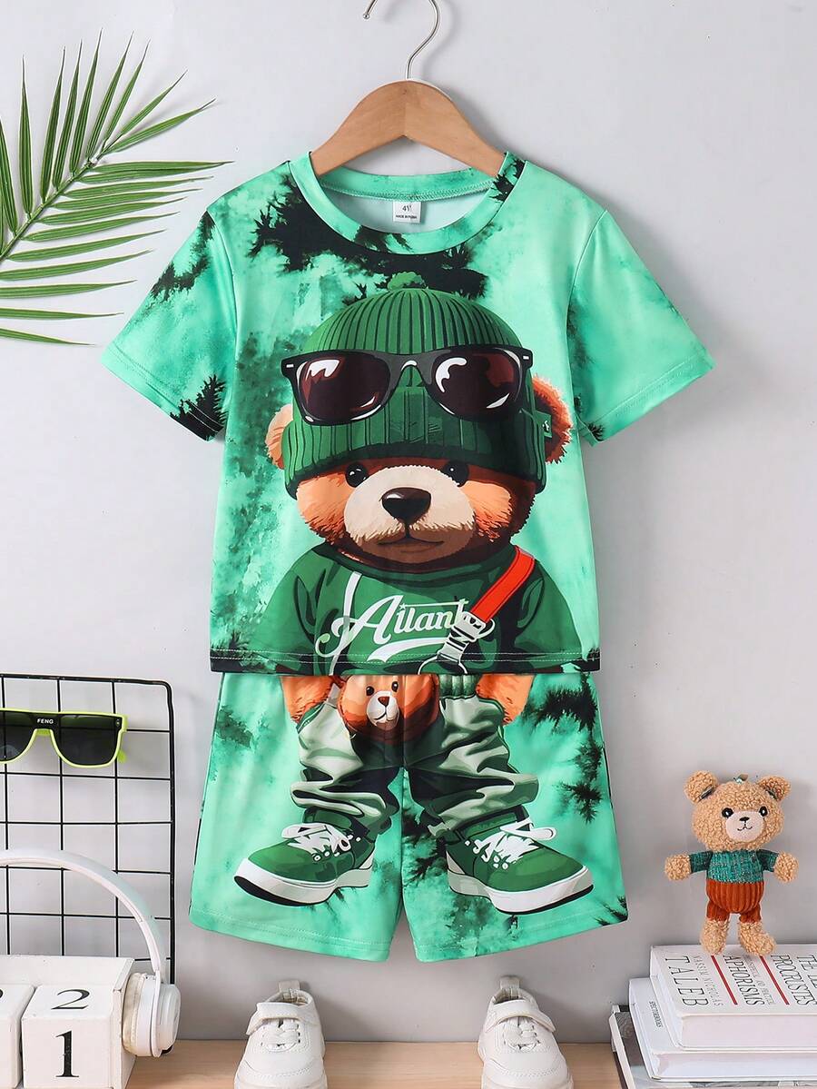 SHEIN Young Boy Round Neck Cartoon Print Short Sleeve T-Shirt And Shorts Casual Daily Set - Green - View 1