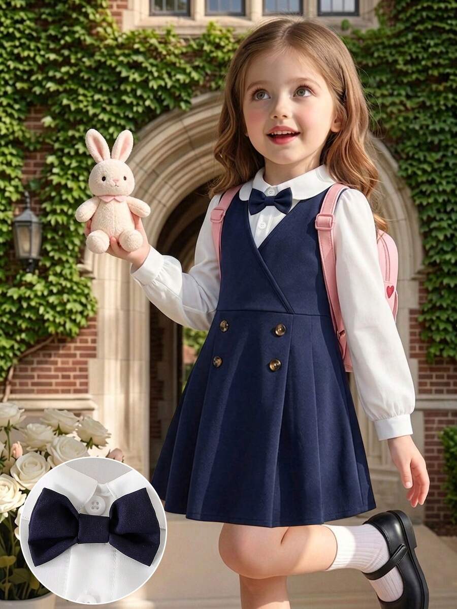 Back To School Season Girls' British Academy Style 2-Piece Dress Set, 4-7 Years Old Children's School Uniform, Peter Pan Collar Long Sleeve Shirt Paired With Elegant Bow Decor, Double-Breasted V-Neck Vest Dress Set, Girls' Spring/Summer Light Formal Piano Performance Outfit, Campus Choir Uniform, Stylish Everyday Princess Dress - Royal Blue - View 1