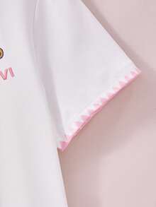 Casuvi Kids Casuvi 青少年女孩 T-Shirt 1 件，彈性針織舒適面料套頭圓肩 T-Shirt，卡通熊印花裝飾，領口與袖口定位印花仿貝殼設計，適合春夏日常休閒穿著 - 白色 - 查看 9