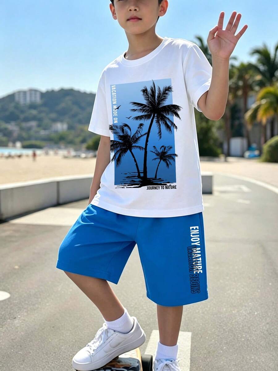 青少年男孩休閒時尚舒適百搭2件套,男孩休閒服飾,柔軟舒適短袖與短褲運動套裝,度假風椰子樹圖案,夏季首選,時尚休閒穿搭,返校派對,適合度假、戶外野餐、街頭攝影、校園、節日、禮品使用 - 彩色 - 查看 1