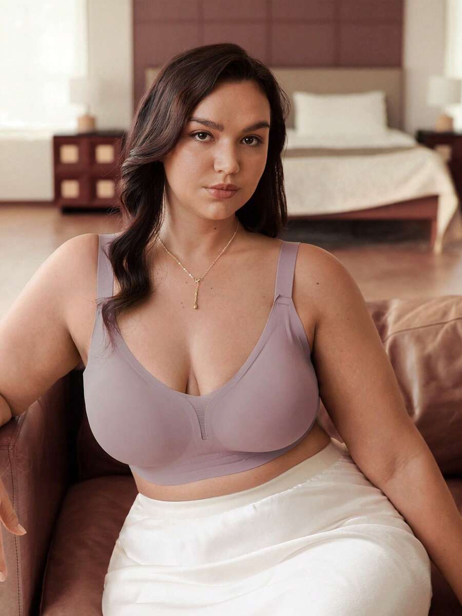 Slumbrini Plus Size Soft Support Wireless Bra, Seamless Lace Patchwork Bra, Backless Lift And Enhance Bust - Khaki - View 1