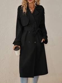 SHEIN Clasi Mantel Trench Berlengan Raglan Kancing Ganda dengan Sabuk, Warna Hitam Elegan untuk Kantor Musim Gugur - Hitam - View 4