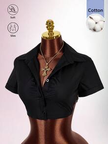 Amplova Casual Sexy 2026 New Front Ruched Design Back Lace-Up Open Back Cropped Shirt - Black - View 3