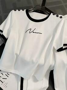Resyla Fitted Short Round Neck Raglan Short Sleeve T-Shirt + Straight Leg Pants With Side Pockets - White - View 4