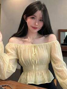 DAZY 春夏黃色雪紡上衣，喇叭袖、荷葉邊飾邊、露肩長袖女款襯衫 - 淡黃色 - 查看 5