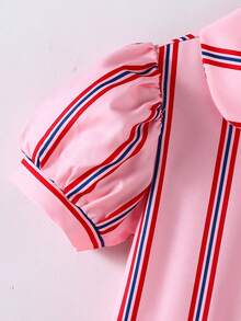 SHEIN Casuvi Kids Girls' Casual Fashion Preppy Style Pattern Embroidery Striped Puff Short Sleeve Shirt Dress, Suitable For Spring/Summer Outings, Outdoor, School And Daily Wear - Pink - View 4