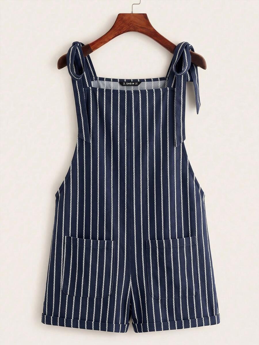 SHEIN EZwear 休閒簡約度假波希米亞優雅浪漫復古印花圖案,女款通勤穿搭,沙灘穿搭,度假穿搭,女款夏季穿搭,打結肩帶口袋拼接背心連身褲 - 彩色 - 查看 1