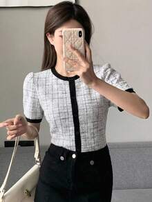 DAZY 春夏秋圓領泡泡短袖白色粗花呢格紋修身女款T恤 - 灰色 - 查看 4