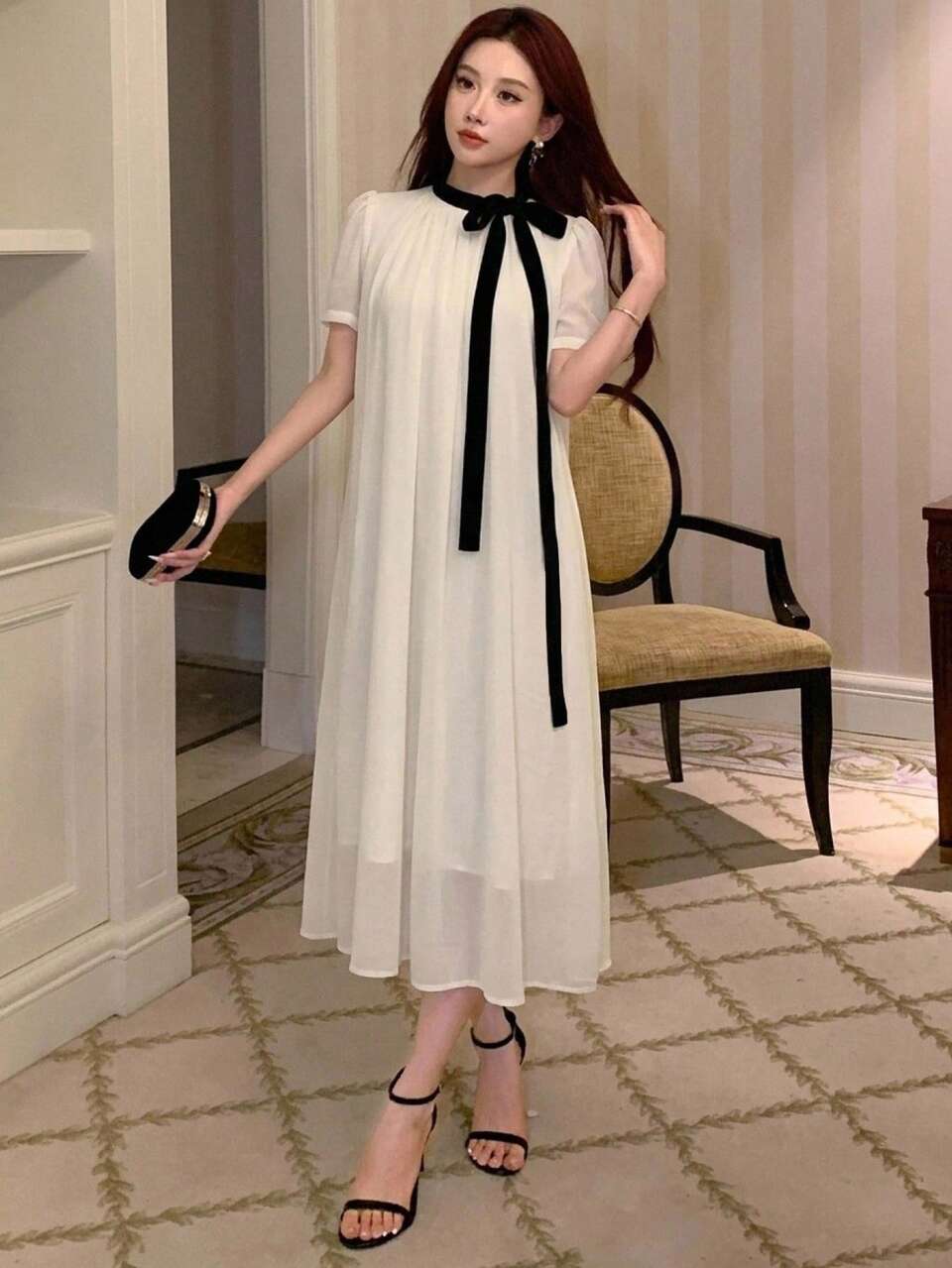 Spring Summer Autumn Women's Loose A-Line Mid-Length Dress With Peter Pan Collar, Puff Short Sleeves, Black Bow Tie, White Chiffon