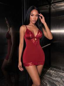 SHEIN 女士性感蕾丝拼布镂空睡衣睡裙 - 酒紅色 - 查看 4