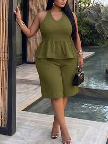 Veslaya Plus Size Solid Color Halter Neck Backless Top And Shorts Casual 2-Piece Set - Army Green - View 1