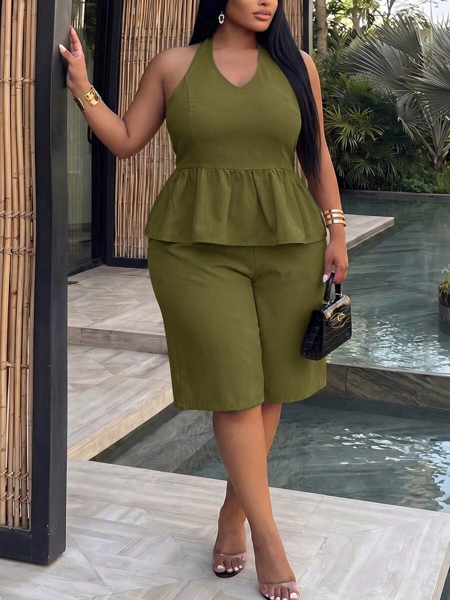 Veslaya Plus Size Solid Color Halter Neck Backless Top And Shorts Casual 2-Piece Set - Army Green - View 1