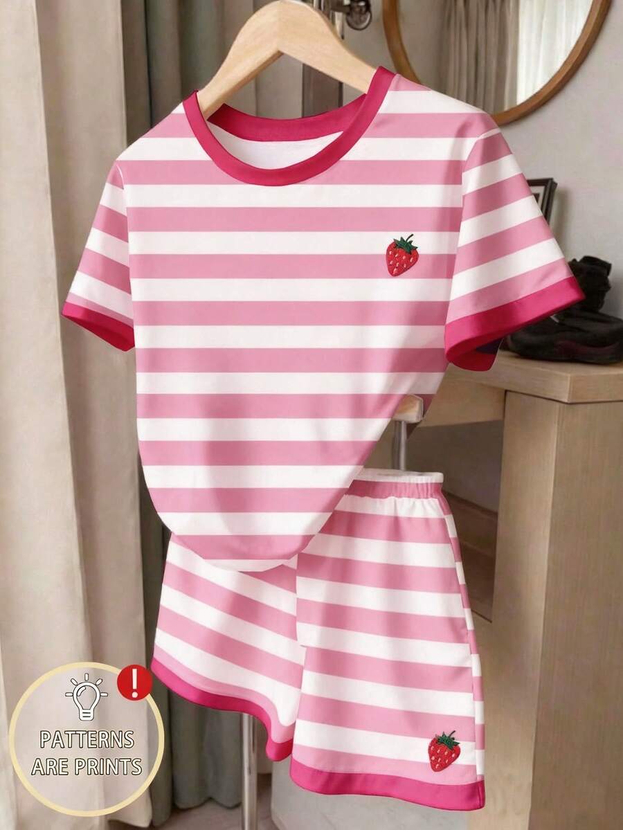 夏季與秋季休閒時尚青少年女孩復古彩色條紋草莓印花圓領短袖T恤,舒適夏秋風格適合女孩日常穿著,休閒圓領上衣簡單彩色條紋適合居家日常休閒時尚四季穿著度假粉色條紋經典復古水手風適合女孩8Y-12Y - 白色 - 查看 1