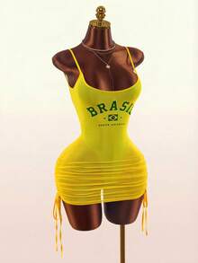 Vestido mini básico, romántico y semi-transparente, cómodo y ajustado para mujeres, 2026 nuevo - Amarillo - Ver 4