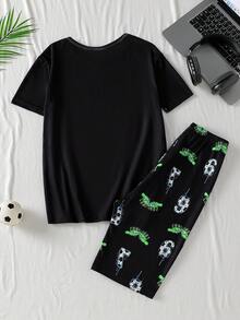 青少年男孩睡衣2件組，緊身發光67號足球印花時尚極簡高彈力面料圓領短袖全身印花短褲家居服1套，緊身睡衣（需紫外線光照射方可發光） - 黑色 - 查看 2