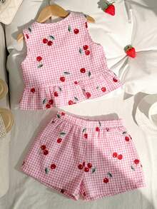 SHEIN Young Girl Casual Simple Comfortable Round Neck Sleeveless Cherry Plaid Pattern Tie Bow Ruffle Hem Tank Top And Shorts Set - Pink - View 4