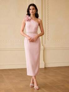 ZEYLAH Vestido ajustado con hombro asimétrico y flores 3D - Rosa - Ver 6
