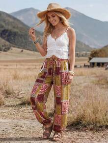 Wildy BOHO Vintage Casual Western Country Print Pattern Women's Autumn Daily Basic Outfit Outing Vacation Holiday Commute Pocket Lantern Pants Pink Floral - Multicolor - View 6
