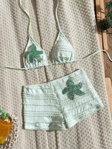 Swim SXY Setelan Baju Renang Dua Potong Wanita untuk Liburan Pantai, Musim Semi dan Musim Panas, Warna-warni Kuning Angsa, Kain Bertekstur, Hiasan Bintang Laut, Celana Panjang Lurus, Leher Halter, Tali Pengikat - Mint Green - View 5