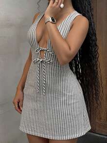SHEIN SXY 黑白条纹打结休闲迷你连衣裙 - 黑與白 - 查看 5