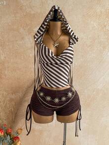 Soleia Top com Capuz, Barra com Babado, Design de Borla e Listras para Mulheres - Castanho - Visão 8