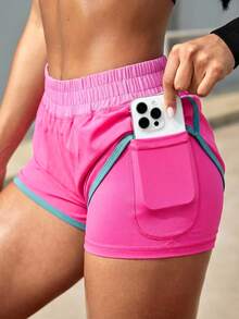 Powerista Conjunto deportivo de top halter y shorts con color de contraste y empalme para mujer - Rosa - Ver 5