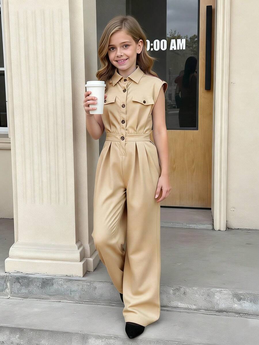 SHEIN 女童纽扣系带腰休闲舒适夏季连体裤 - 卡其色 - 查看 1