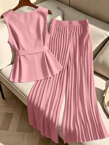 GlowEve CURVE Plus Size Women 2 Pieces Set: Sleeveless Blouse With Collar Ruffle And Pleated Pants - Pink - View 2