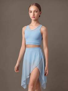 SHEIN Tween Girl Solid Color Tank Top & Skirt Sports Set - Black - View 6