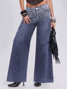 ROMWE Y2k Hot Girl Party Music Festival Outfit Gradient Rhinestone Women's Loose Wide Leg Jeans - Dark Wash - View 8